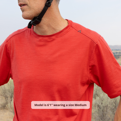 Raw Style men’s One Quiver merino MTB jersey short sleeve in Scarlet, model close-up front view