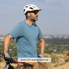 Raw Style men’s One Quiver merino MTB jersey short sleeve in Spruce, model front view