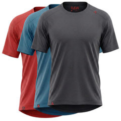 Raw Style men’s One Quiver merino MTB jersey rotation pack 3-pack all colorways, three jerseys shown, ghost mannequin front view