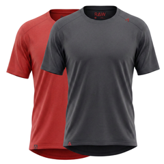 Raw Style men’s One Quiver merino MTB jersey rotation pack 2-pack in Shadow and Scarlet, two jerseys shown, ghost mannequin front view