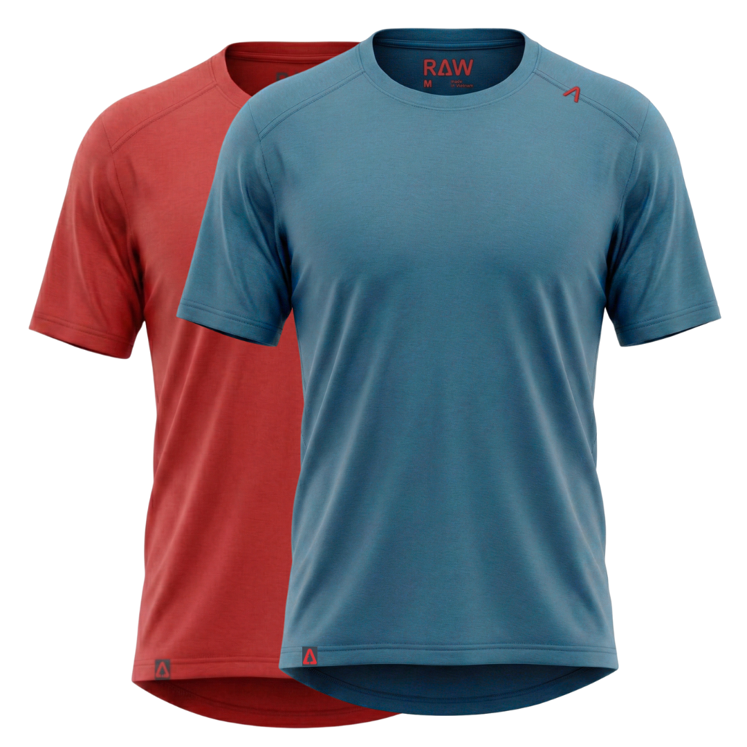 Raw Style men’s One Quiver merino MTB jersey rotation pack 2-pack in Spruce and Scarlet, two jerseys shown, ghost mannequin front view