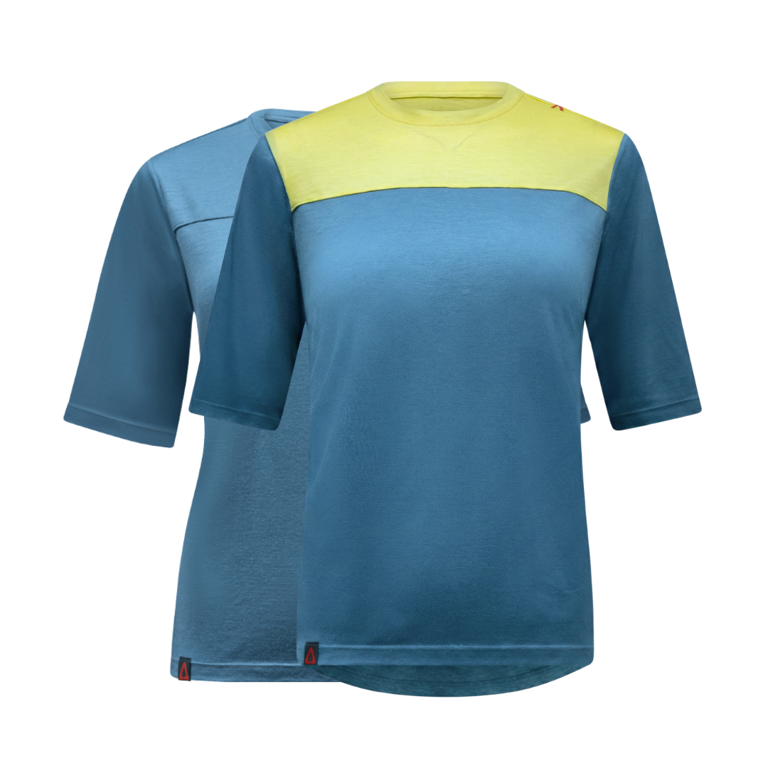 Raw Style women’s One Quiver merino MTB jersey rotation pack 2-pack in Spruce Limoncello and Spruce, two jerseys shown, ghost mannequin front view