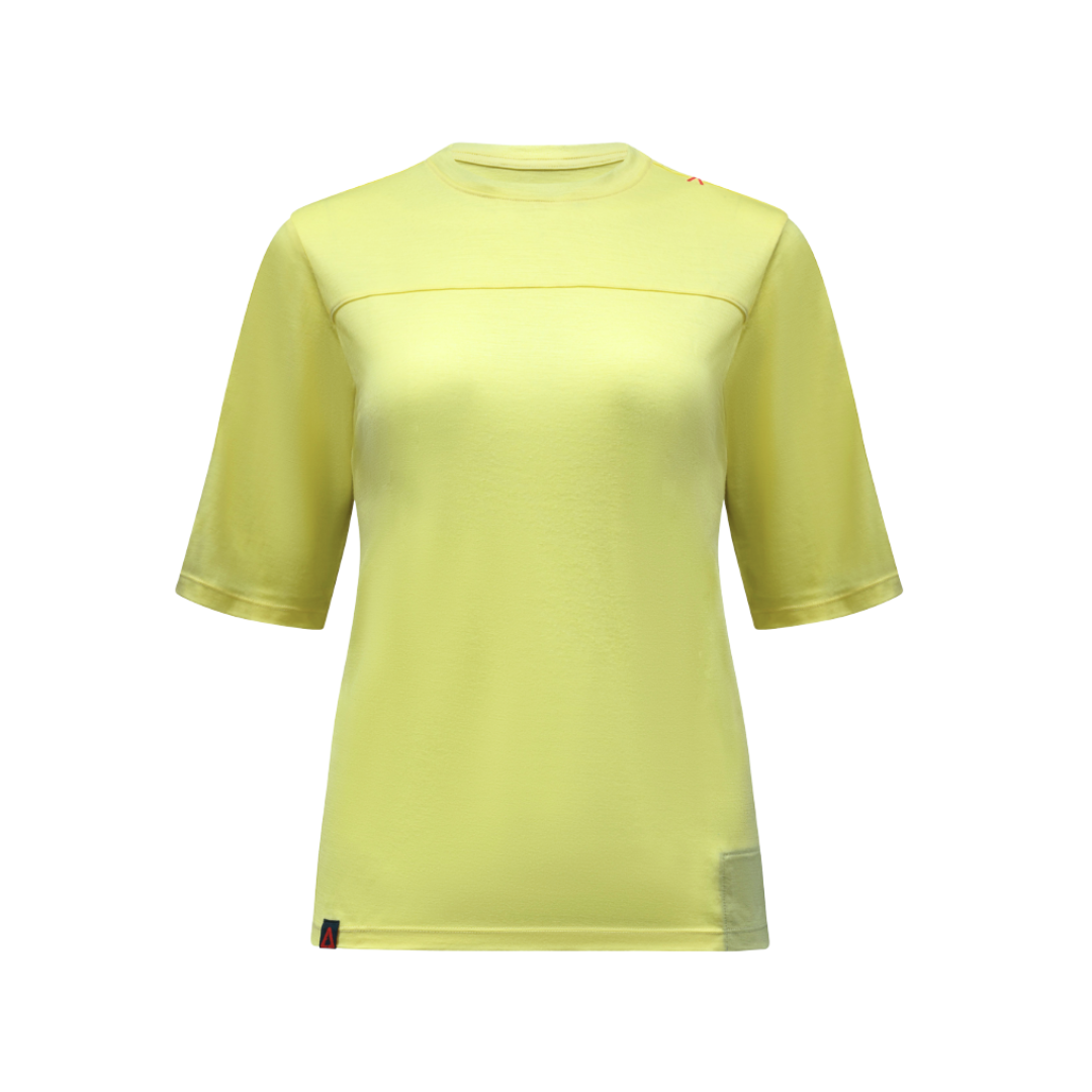 Raw Style women’s One Quiver merino MTB jersey short sleeve in Limoncello, ghost mannequin front view