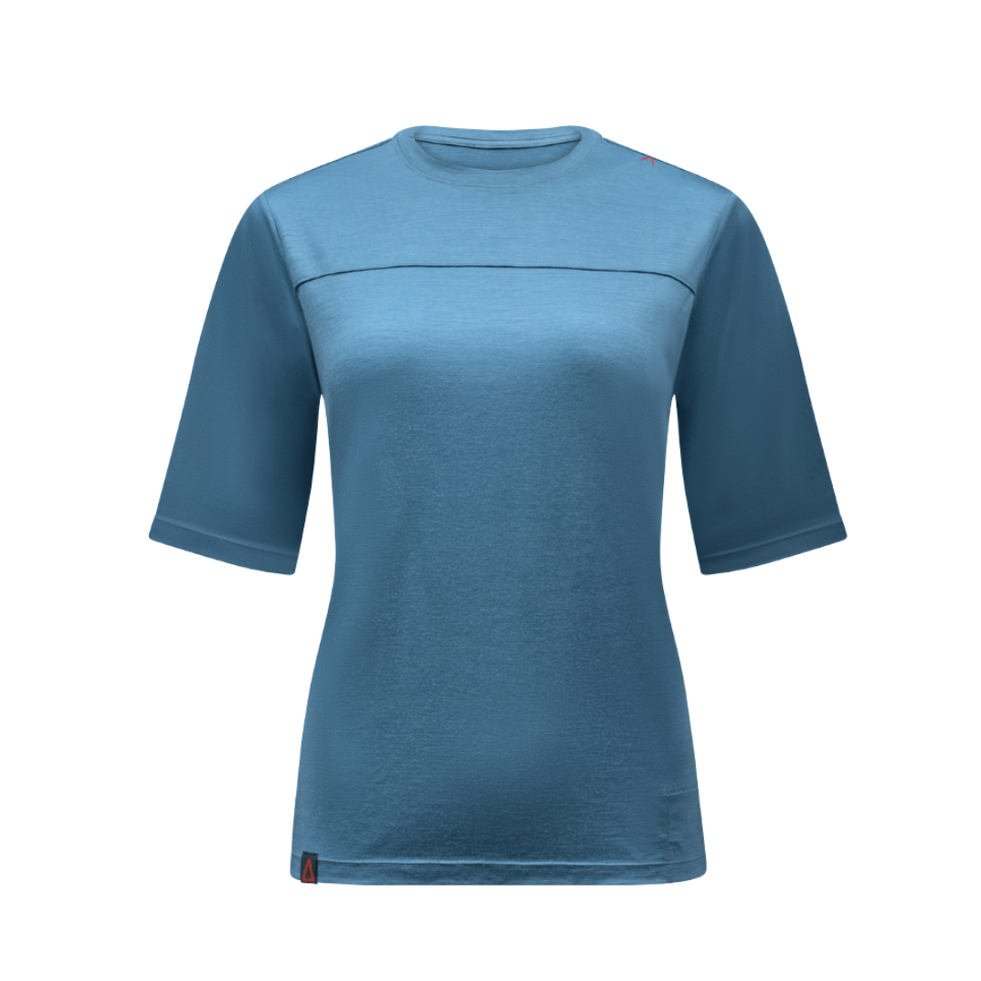 Raw Style women’s One Quiver merino MTB jersey short sleeve in Spruce, ghost mannequin front view