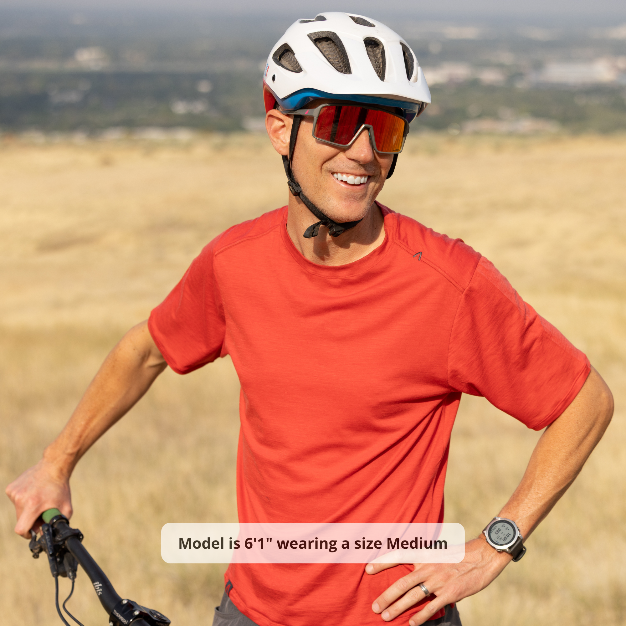 Raw Style men’s One Quiver merino MTB jersey short sleeve in Scarlet, model front view