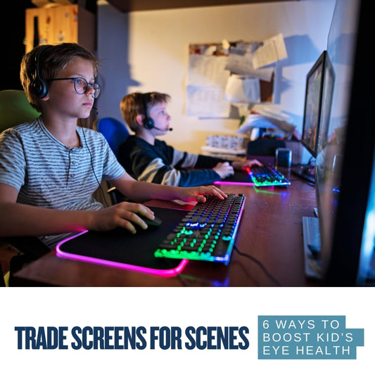 Trade Screens for Scenes. 6 Ways Biking Boosts Kids' Eye Health. Image of Kid's playing on computers
