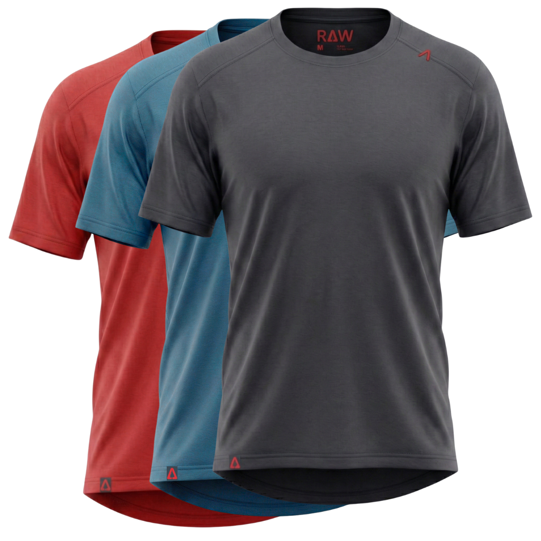 Raw Style men’s One Quiver merino MTB jersey rotation pack 3-pack all colorways, three jerseys shown, ghost mannequin front view