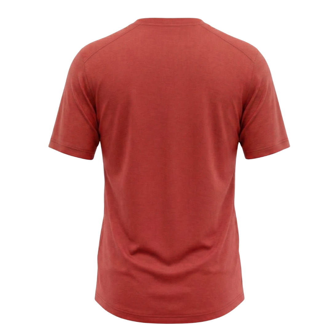 Raw Style men’s One Quiver merino MTB jersey short sleeve in Scarlet, ghost mannequin back view
