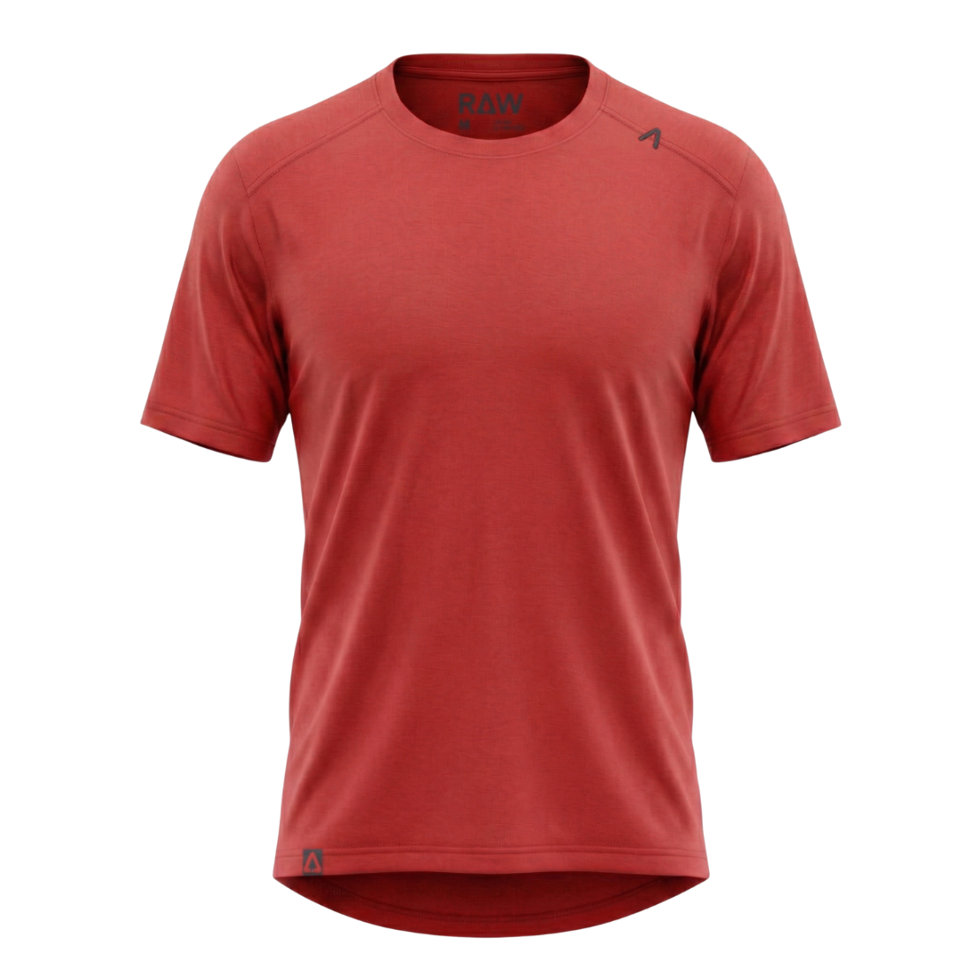 Raw Style men’s One Quiver merino MTB jersey short sleeve in Scarlet, ghost mannequin front view