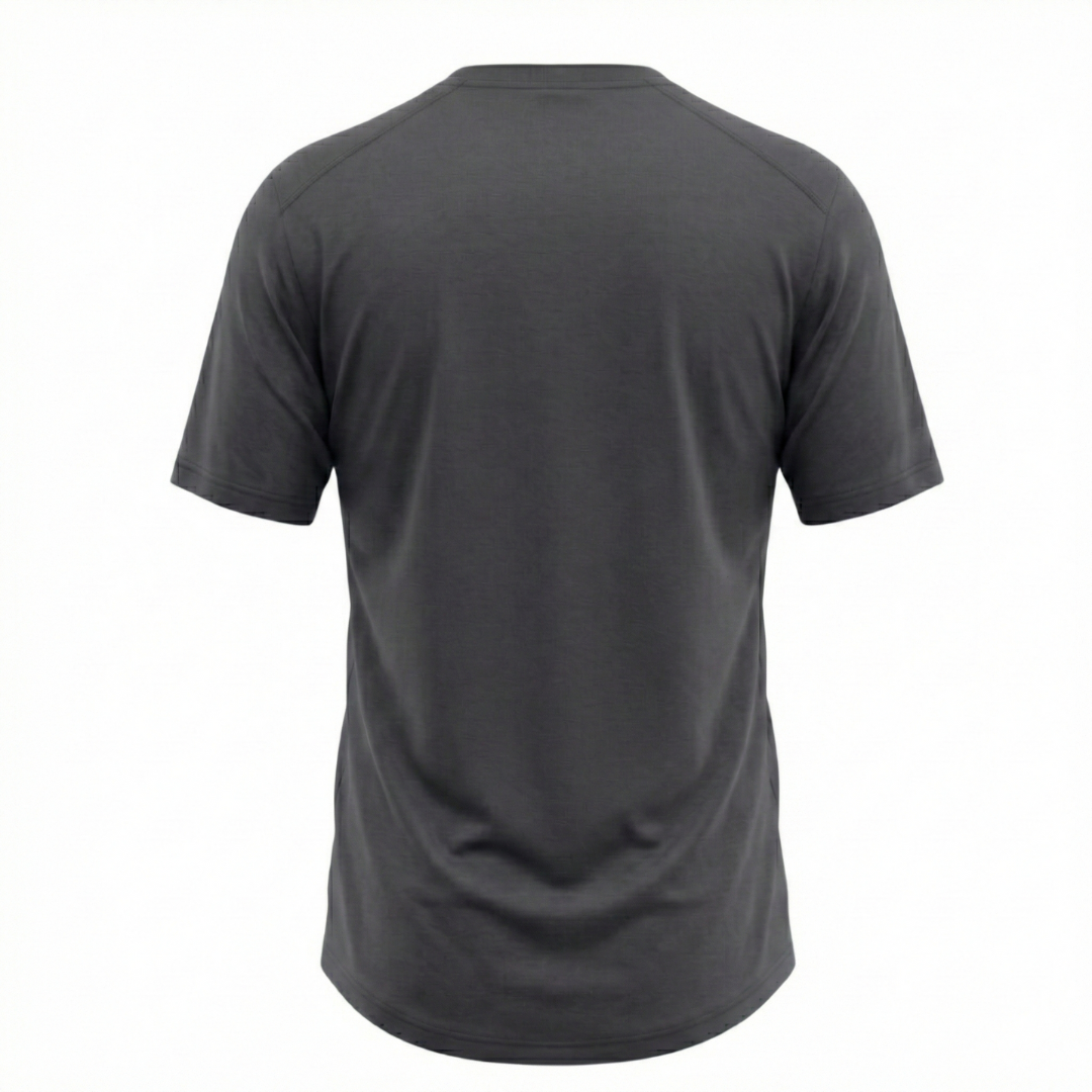 Raw Style men’s One Quiver merino MTB jersey short sleeve in Shadow, ghost mannequin back view