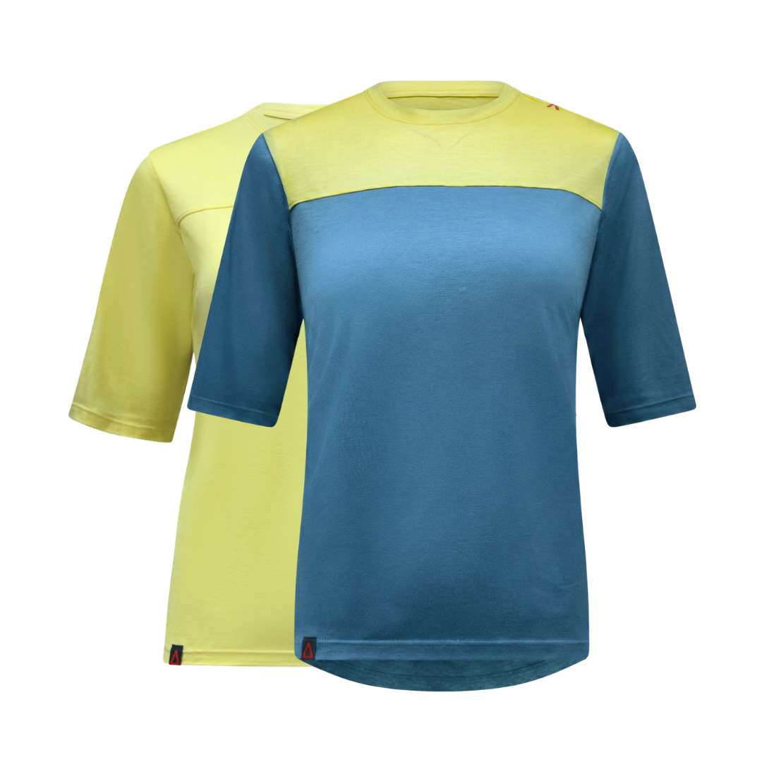 Raw Style women’s One Quiver merino MTB jersey rotation pack 2-pack in Spruce Limoncello and Limoncello, two jerseys shown, ghost mannequin front view
