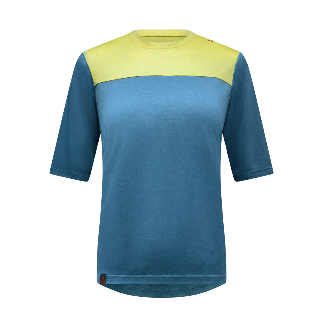 Raw Style women’s One Quiver merino MTB jersey short sleeve two-tone Spruce Limoncello, ghost mannequin front view