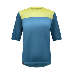 Raw Style women’s One Quiver merino MTB jersey short sleeve two-tone Spruce Limoncello, ghost mannequin front view
