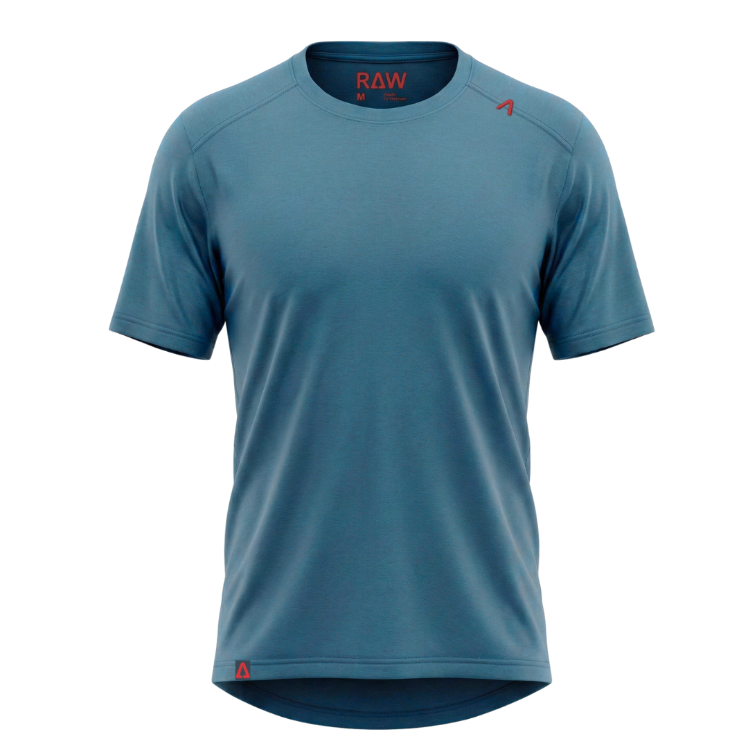Raw Style men’s One Quiver merino MTB jersey short sleeve in Spruce, ghost mannequin front view
