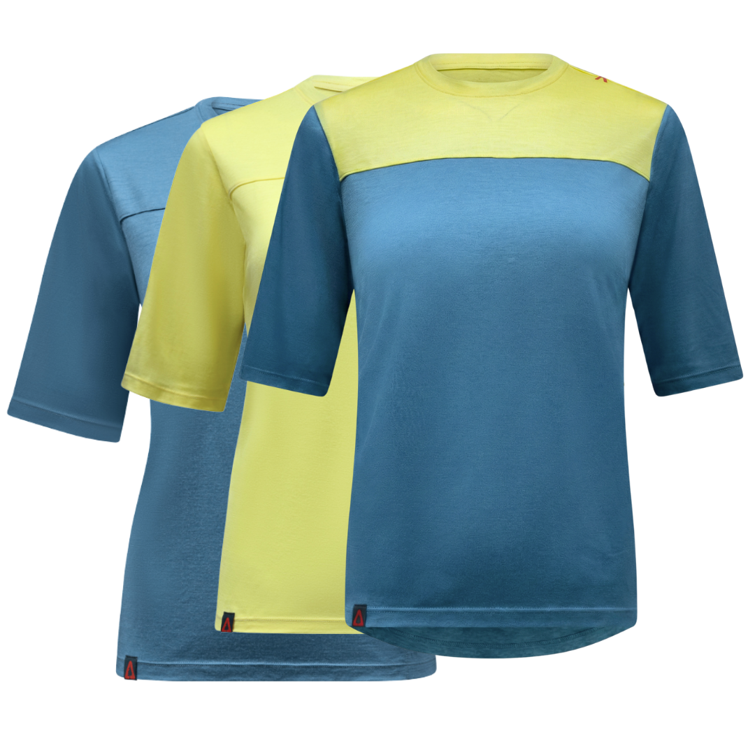 Raw Style women’s One Quiver merino MTB jersey rotation pack 3-pack all colorways, three jerseys shown, ghost mannequin front view