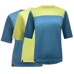 Raw Style women’s One Quiver merino MTB jersey rotation pack 3-pack all colorways, three jerseys shown, ghost mannequin front view
